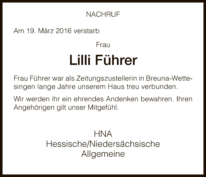  Traueranzeige für Lilli Führer vom 23.03.2016 aus HNA