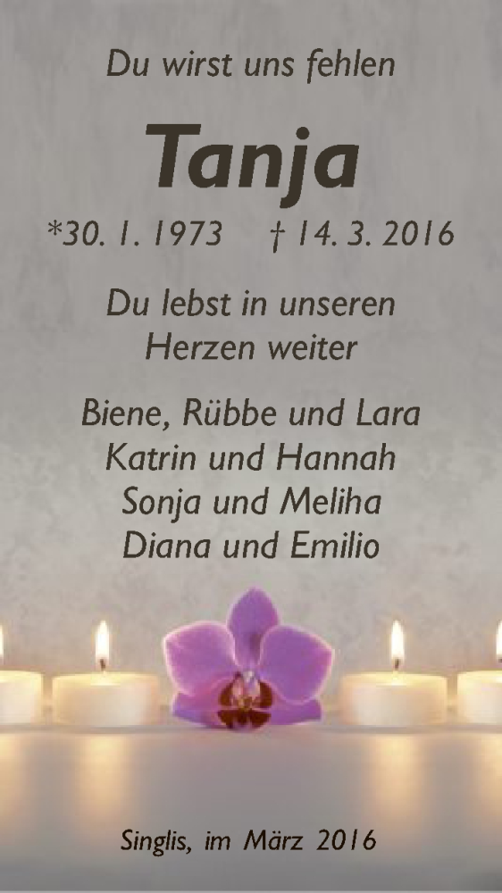  Traueranzeige für Tanja Damm vom 19.03.2016 aus HNA