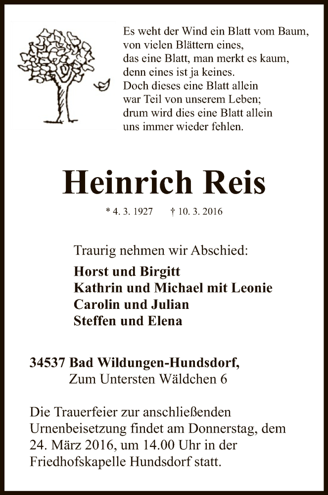  Traueranzeige für Heinrich Reis vom 21.03.2016 aus HNA