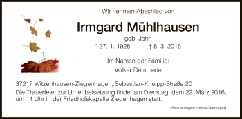 Traueranzeige von Irmgard Mühlhausen von HNA