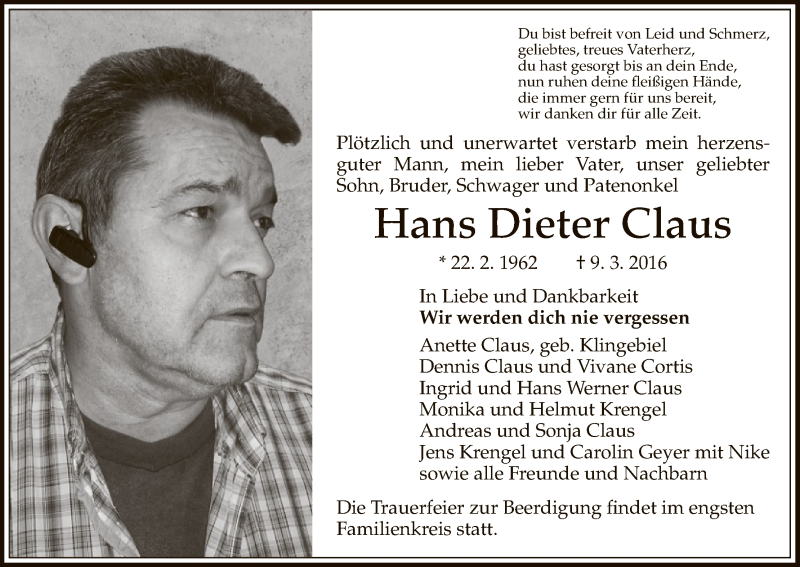  Traueranzeige für Hans Dieter Claus vom 14.03.2016 aus HNA