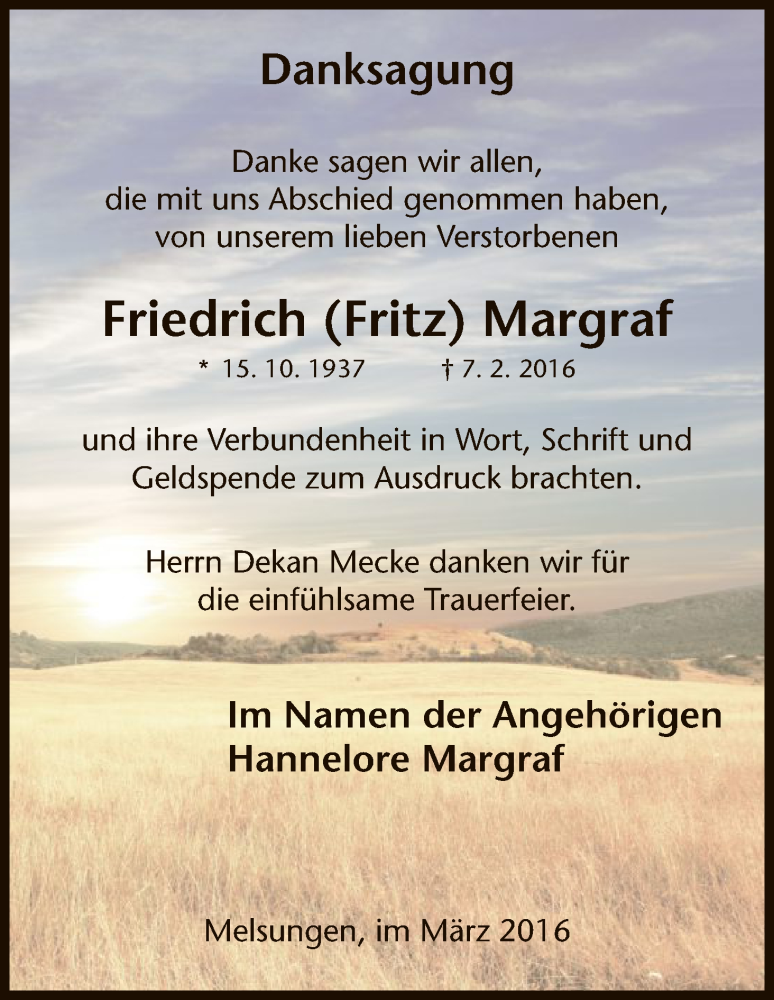  Traueranzeige für Friedrich Margraf vom 02.03.2016 aus HNA
