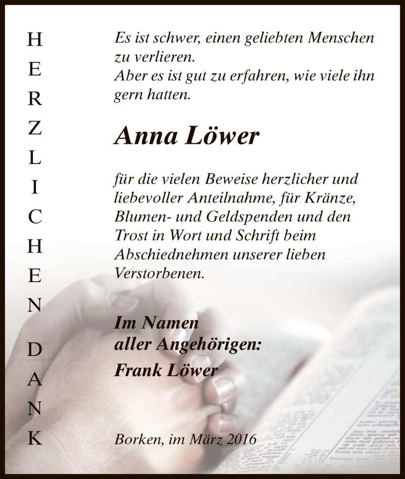  Traueranzeige für Anna Löwer vom 26.03.2016 aus HNA
