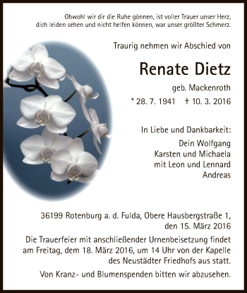 Traueranzeige von Renate Dietz von HNA