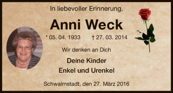 Traueranzeige von Anni Weck von HNA
