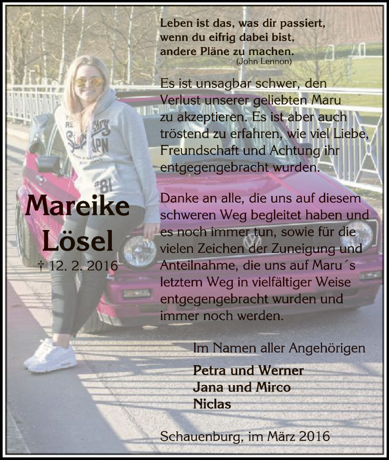  Traueranzeige für Mareike Lösel vom 05.03.2016 aus HNA