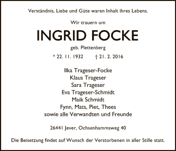 Traueranzeige von Ingrid Focke von HNA