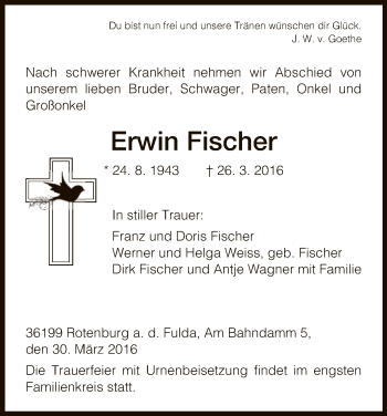 Traueranzeige von Erwin Fischer von HNA