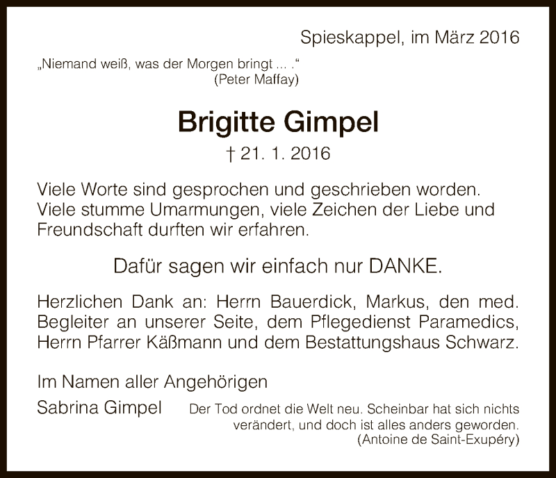 Traueranzeige für Brigitte Gimpel vom 05.03.2016 aus HNA