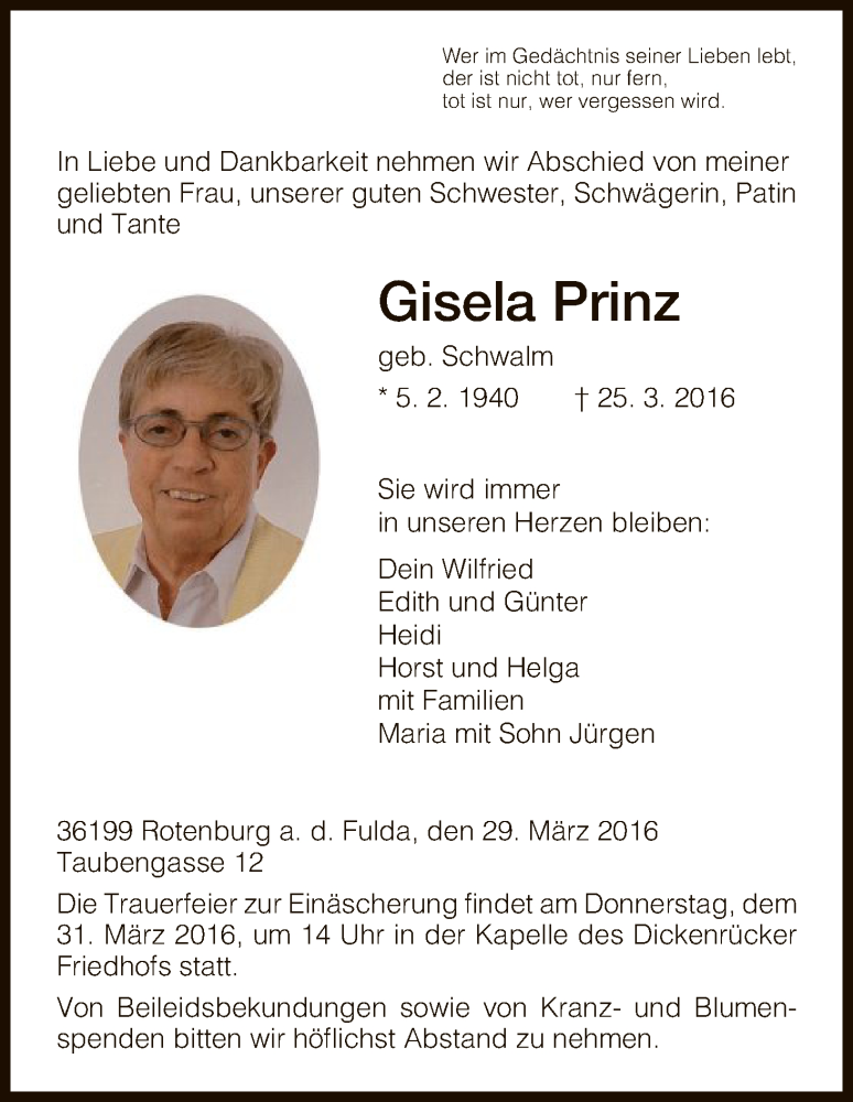  Traueranzeige für Gisela Prinz vom 29.03.2016 aus HNA