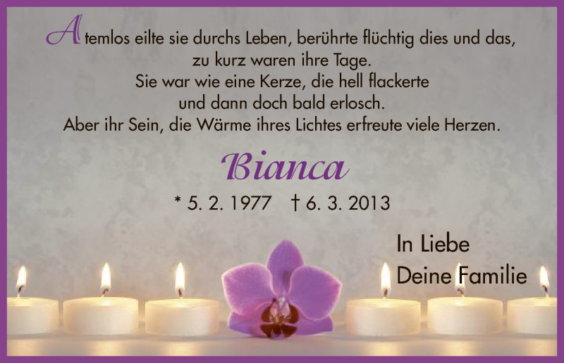  Traueranzeige für Bianca Sippel vom 05.03.2016 aus HNA
