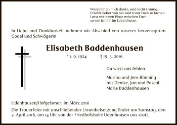 Traueranzeige von Elisabeth Baddenhausen von HNA
