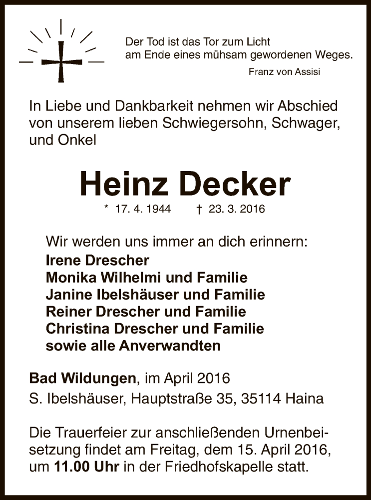  Traueranzeige für Heinz Decker vom 09.04.2016 aus HNA