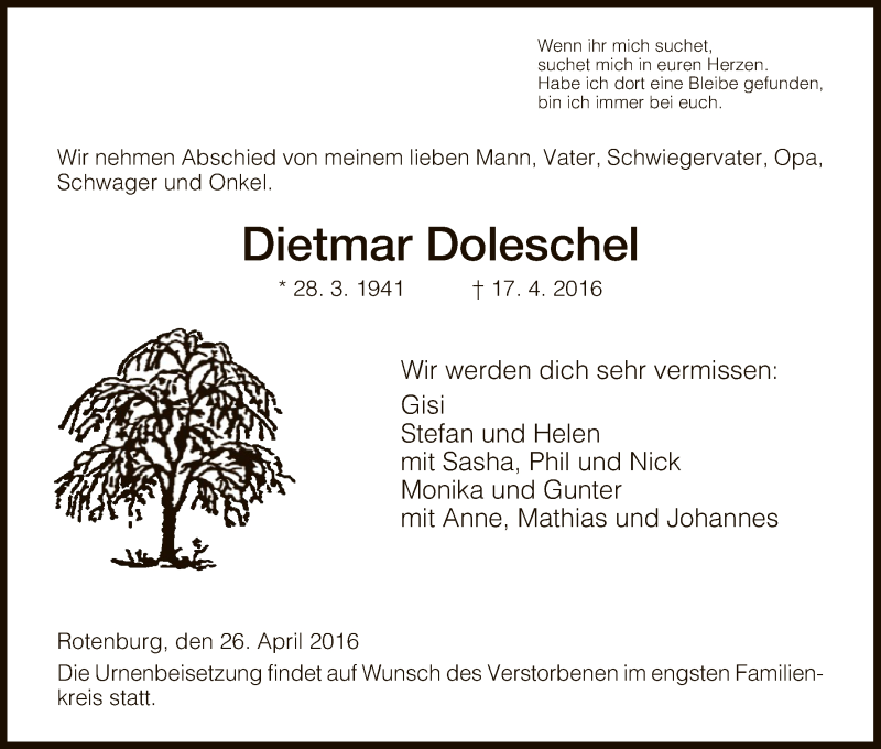  Traueranzeige für Dietmar Doleschel vom 26.04.2016 aus HNA