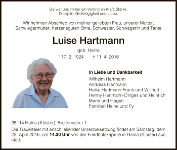 Traueranzeige von Luise Hartmann von HNA