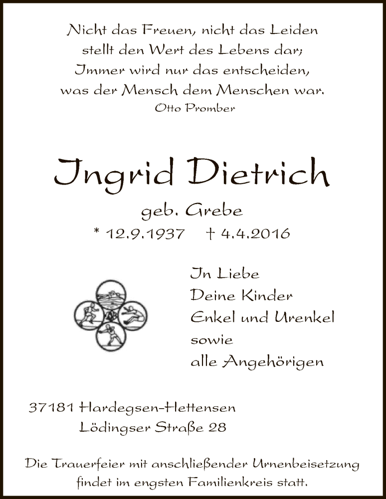  Traueranzeige für Ingrid Dietrich vom 09.04.2016 aus HNA