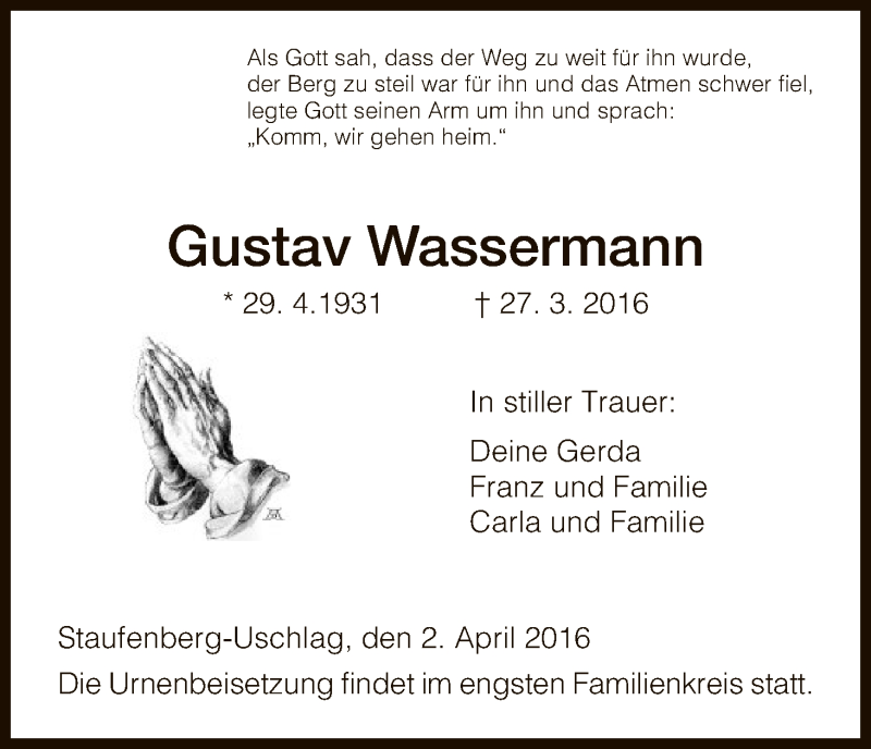  Traueranzeige für Gustav Wassermann vom 02.04.2016 aus HNA