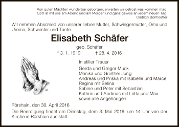 Traueranzeige von Elisabeth Schäfer von HNA