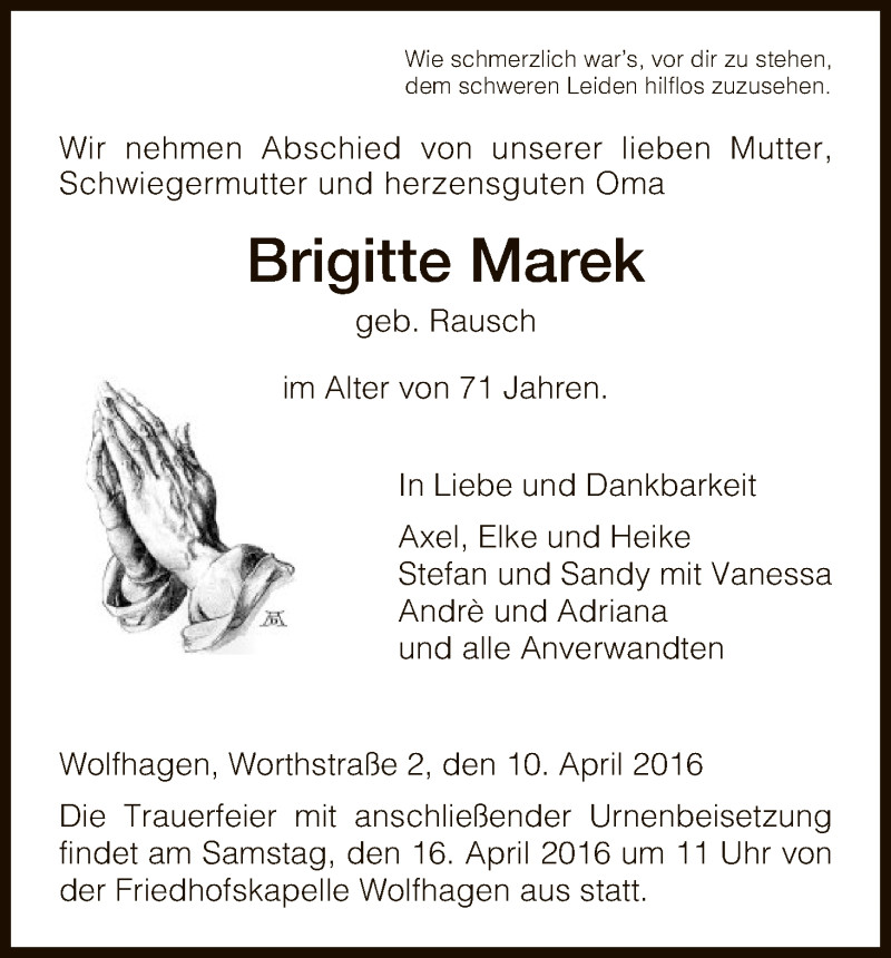  Traueranzeige für Brigitte Marek vom 11.04.2016 aus HNA