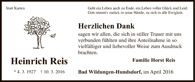  Traueranzeige für Heinrich Reis vom 16.04.2016 aus HNA