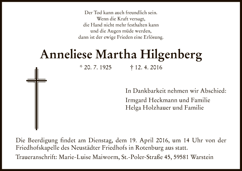  Traueranzeige für Anneliese Martha Hilgenberg vom 16.04.2016 aus HNA
