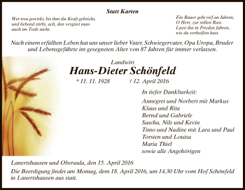 Traueranzeige von Hans-Dieter Schönfeld von HNA