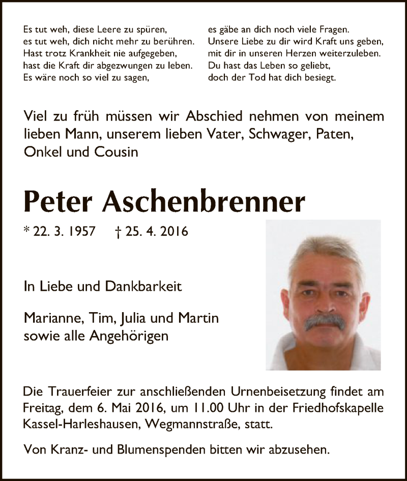  Traueranzeige für Peter Aschenbrenner vom 30.04.2016 aus HNA