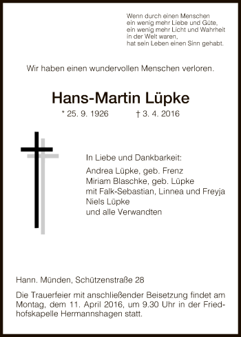 Traueranzeige von Hans-Martin Lüpke von HNA