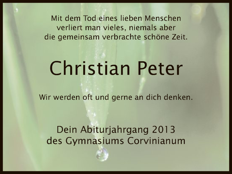  Traueranzeige für Christian Peter vom 23.04.2016 aus HNA