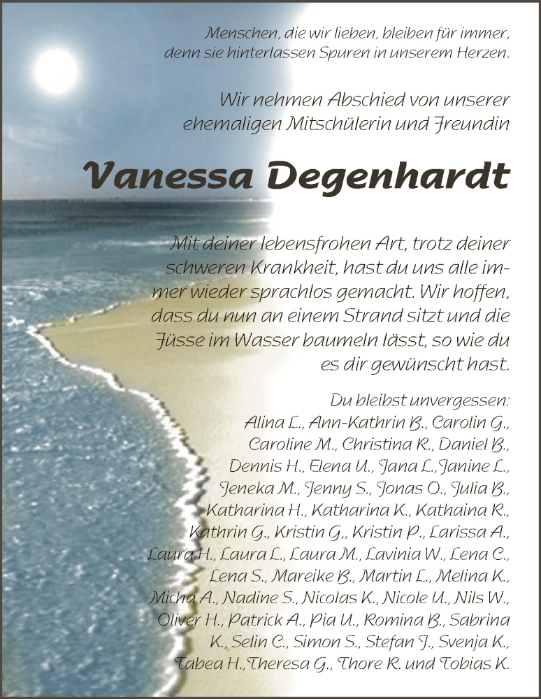  Traueranzeige für Vanessa Degenhardt vom 05.04.2016 aus HNA