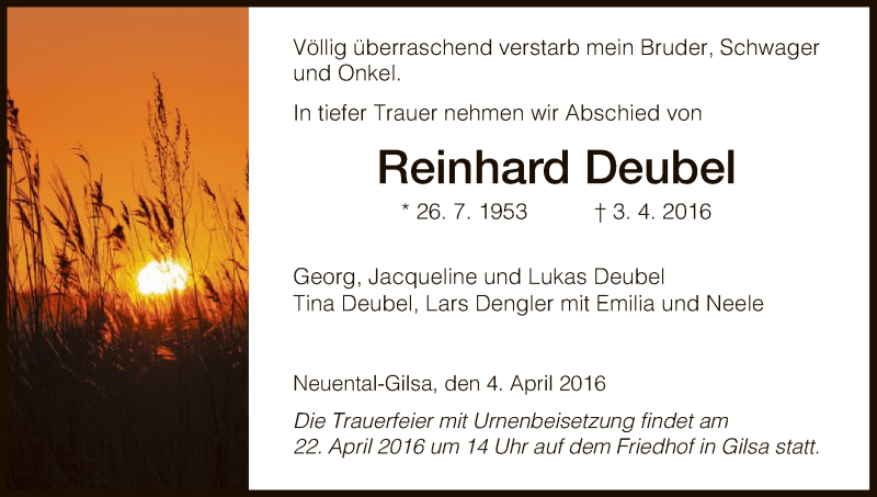  Traueranzeige für Reinhard Deubel vom 05.04.2016 aus HNA