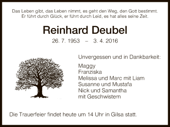 Traueranzeige von Reinhard Deubel von HNA