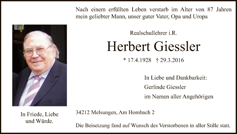  Traueranzeige für Herbert Giessler vom 09.04.2016 aus HNA