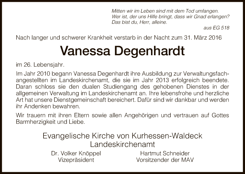  Traueranzeige für Vanessa Degenhardt vom 02.04.2016 aus HNA