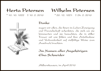 Traueranzeige von Herta und Wilhelm Petersen von HNA