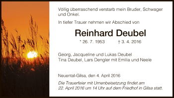 Traueranzeige von Reinhard Deubel von HNA