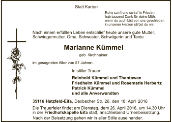 Traueranzeige von Marianne Kümmel von HNA