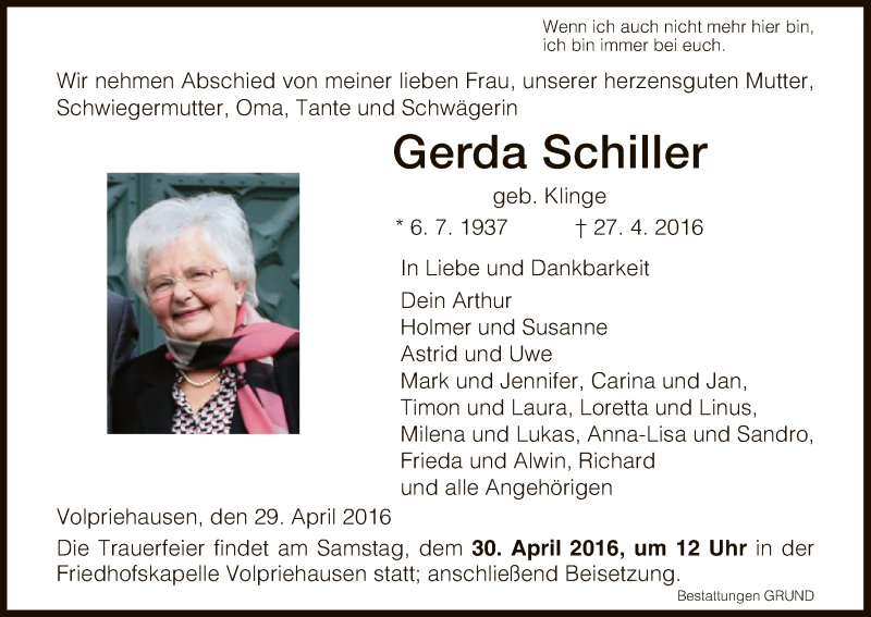  Traueranzeige für Gerda Schiller vom 29.04.2016 aus HNA