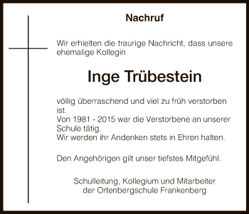 Traueranzeige von Inge Trübestein von HNA