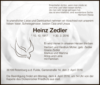 Traueranzeige von Heinz Zedler von HNA