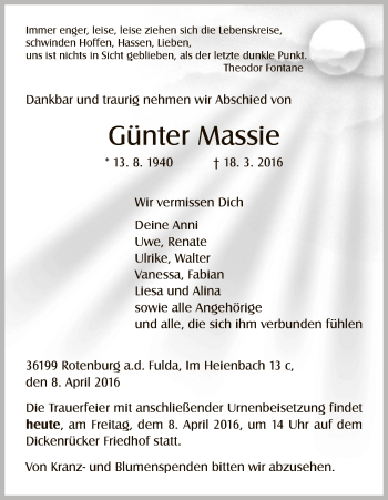 Traueranzeige von Günter Massie von HNA
