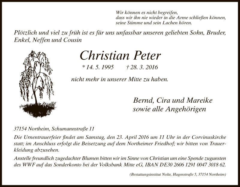  Traueranzeige für Christian Peter vom 19.04.2016 aus HNA