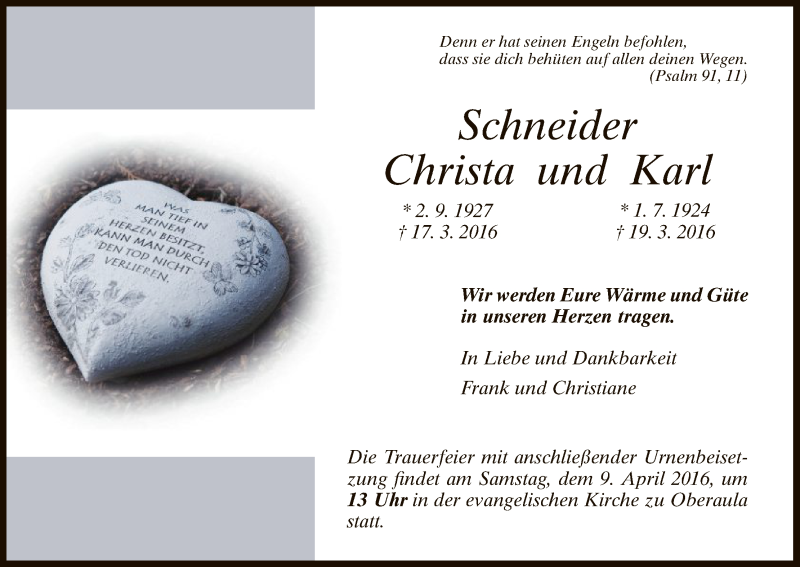  Traueranzeige für Christa und Karl Schneider vom 06.04.2016 aus HNA
