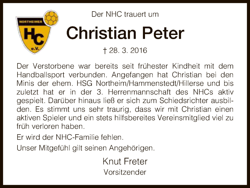  Traueranzeige für Christian Peter vom 22.04.2016 aus HNA