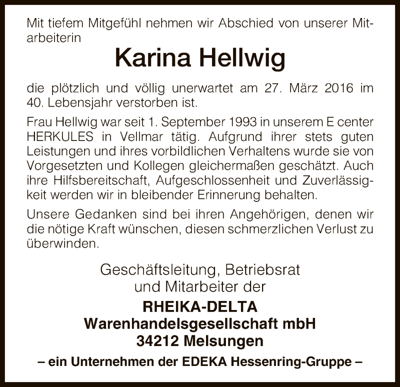  Traueranzeige für Karina Hellwig vom 11.04.2016 aus HNA