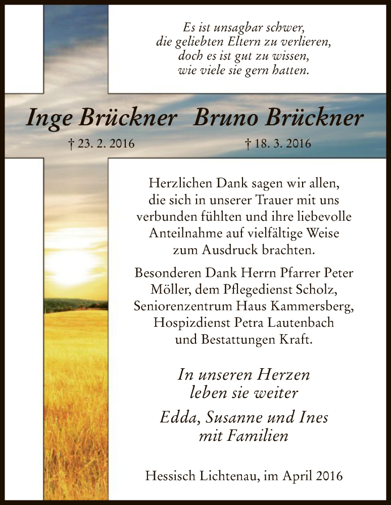  Traueranzeige für Inge und Bruno Brückner vom 23.04.2016 aus HNA