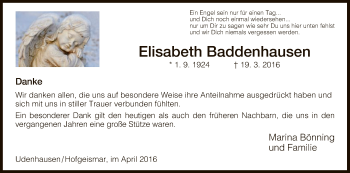 Traueranzeige von Elisabeth Baddenhausen von HNA