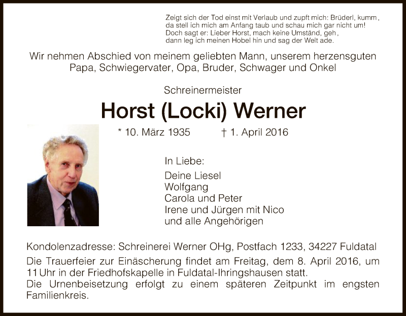  Traueranzeige für Horst Werner vom 05.04.2016 aus HNA