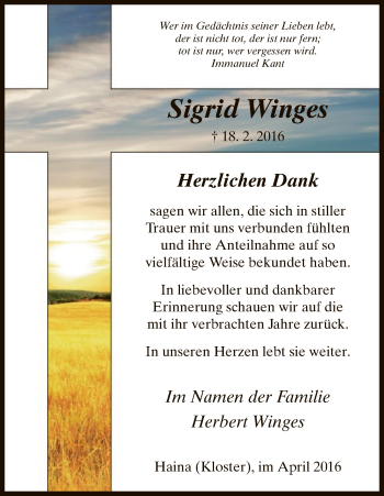 Traueranzeige von Sigrid Winges von HNA