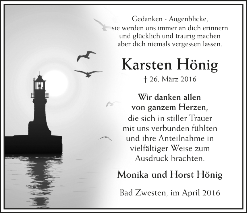  Traueranzeige für Karsten Hönig vom 23.04.2016 aus HNA